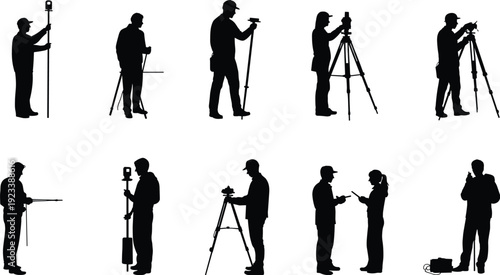 Land surveyor silhouettes collection with total station, tripod and measuring equipment isolated on white background vector illustration