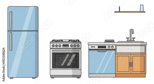 Modern kitchen appliances including refrigerator stove dishwasher and sink.