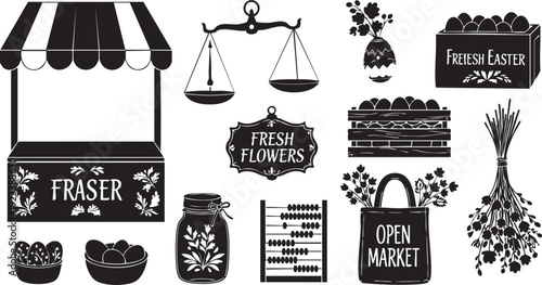 Black and white of market signs and produce fresh