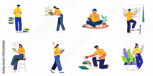 Diverse individuals learning, working, and thinking: A collection of illustrations showcasing study, planning, problem-solving, and creative processes in academic and professional settings.