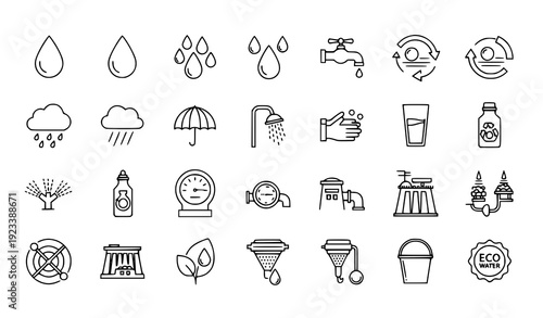 Editable Stroke Water Conservation Icon Vector Set for Eco Design