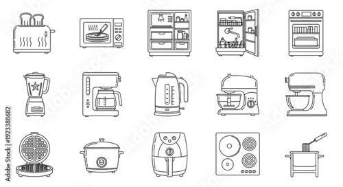 Collection of Kitchen Appliance Icons Hand Drawn Style.