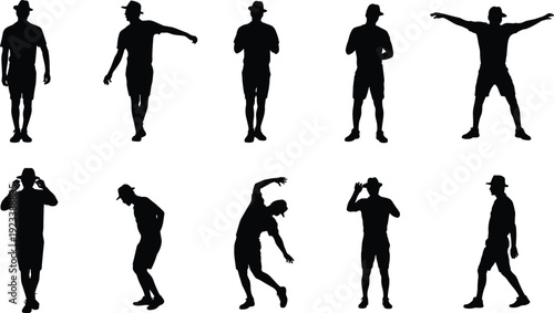 Man silhouette collection in casual hat poses featuring standing, walking and expressive body gestures isolated on white background