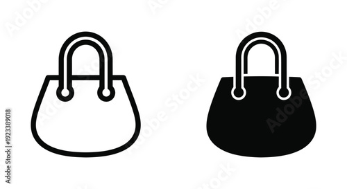Minimalist handbag icon set featuring outline and solid silhouette styles for fashion retail, e-commerce shopping apps, and luxury brand web design.