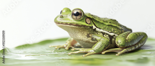 Green frog sitting on a wet lily pad with white background