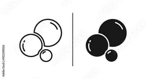 Minimalist soap bubble icons in outline and solid black silhouette styles for hygiene, skincare, and cleaning product branding or user interface design