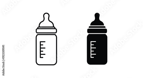 Minimalist Baby Bottle Icons in Outline and Solid Silhouette Styles for Infant Feeding and Childcare Design