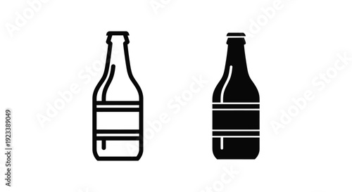 Minimalist vector icons of glass beverage bottles with labels in outline and solid silhouette styles for branding and packaging design