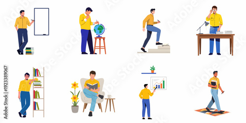 Diverse flat illustrations showcasing men engaged in education, study, business, and personal development activities.
