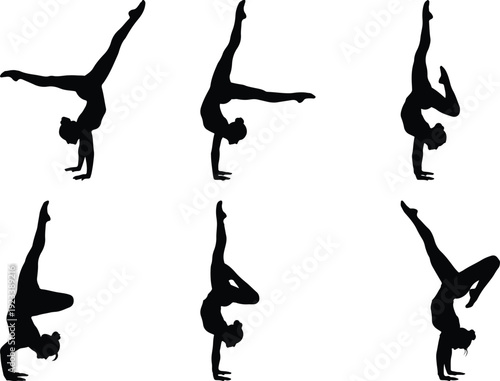 Dynamic gymnastics poses captured in silhouette style against a plain background