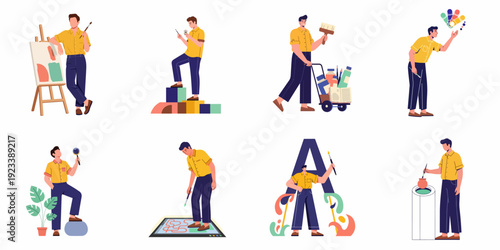 Diverse illustrations showcasing a male artist's creative journey, from traditional painting and art supplies to digital design and artistic inspiration.