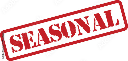 A vibrant red rubber stamp featuring the word SEASONAL presented on a bright white surface