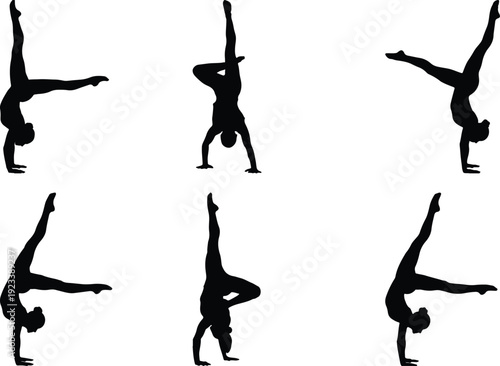 Dynamic silhouettes of a gymnast performing various acrobatic poses in mid-air