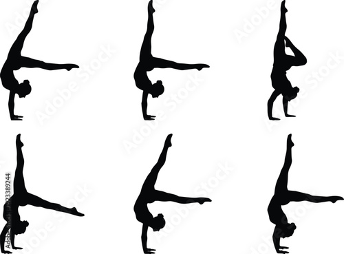 Series of gymnastics handstand variations and balances in silhouette style