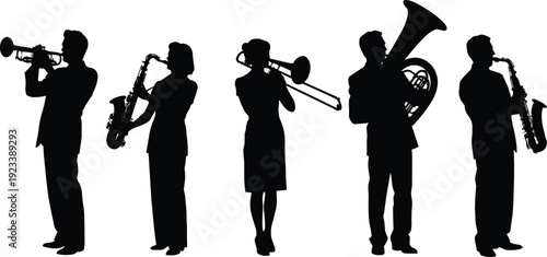 Musician silhouettes collection featuring trumpet, saxophone, trombone and tuba players performing jazz band music isolated on white background