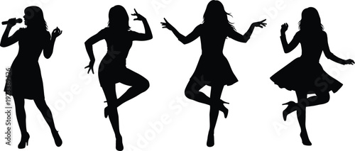 Dancing Women Silhouette Icons Set Female Party Dance Poses Celebration Vector Collection