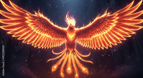 Magnificent phoenix illustration, a mythical bird reborn in vibrant fire, spreading powerful glowing wings against a dramatic, dark background, symbolizing strength and resilience