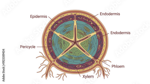 Detailed cross-section diagram of a plant root with labeled parts including epidermis, endodermis, pericycle, xylem, and phloem on a white background.