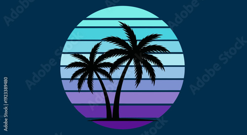 Retro Sunset Palm Trees Tropical Beach Vector Illustration