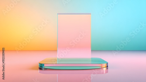 Gradient Platform Showcase: An elegant, transparent platform stands at the forefront, bathed in a blend of pastel hues to exhibit products with sophistication.