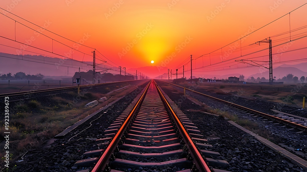 Obraz premium A serene sunset over a train track with power lines in the distance