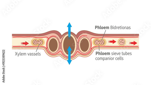 Detailed cross-section illustration of plant vascular tissue showing xylem vessels and phloem components on a white background.