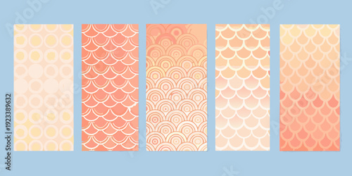 A series of vertically oriented patterned rectangles in warm tones