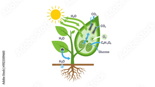 Infographic illustration of a plant with labeled parts and processes, showing sunlight, water, and carbon dioxide conversion into glucose and oxygen.