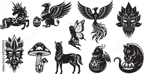 Black and white of mythical creatures and nature unicorn griffin phoenix