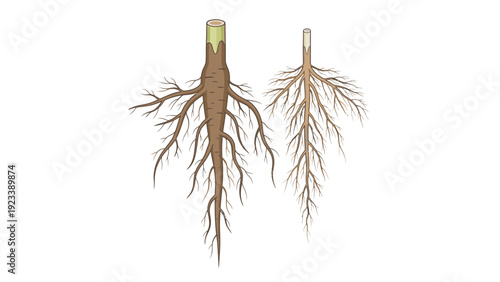 Illustration of two detailed root systems against a plain white background.