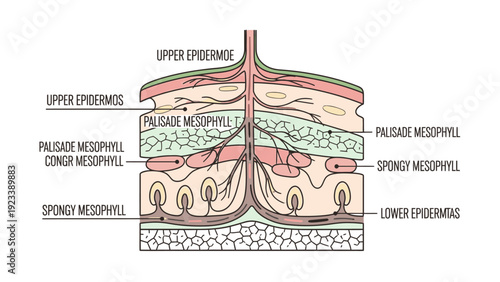 Detailed cross-sectional diagram of a leaf showing upper and lower epidermis, palisade and spongy mesophyll, and vascular tissue in a scientific illustration.