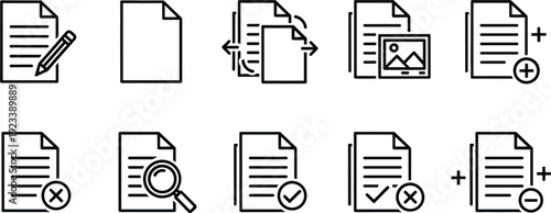 Document file icons set with edit search add remove image and checklist outline vector collection