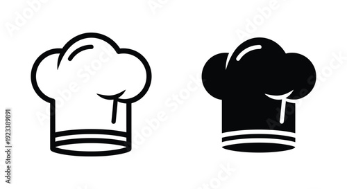 Minimalist chef hat icons in outline and solid black styles for restaurant branding and culinary design