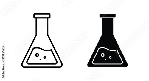Minimalist Erlenmeyer flask icons in outline and solid silhouette styles with bubbling liquid for scientific research, chemistry education, and laboratory experiments