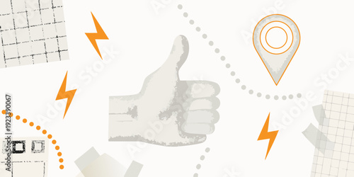 Positive feedback and location a thumbs up with map pin and lightning bolts