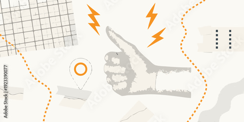 Illustration depicting a hand pointing with lightning and map markers
