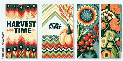 Colorful autumn harvest themed bookmarks with floral and fruit illustrations
