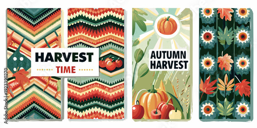 Four vibrant autumn banners featuring harvest themes and geometric patterns