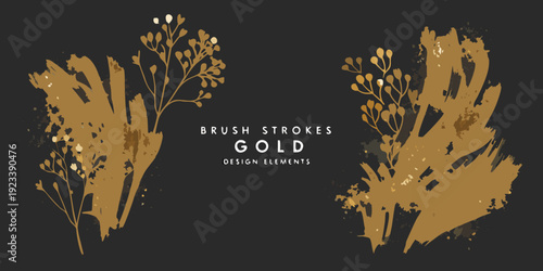 Golden floral arrangements with brush stroke details on a dark background