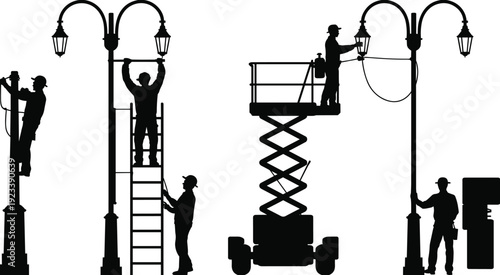 Street light maintenance worker silhouettes repairing lamp posts with ladder and lift platform isolated on white background