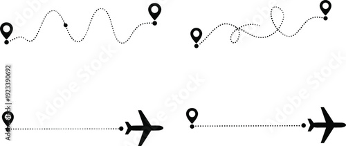 Airplane route path icon set with travel location pins isolated vector collection
