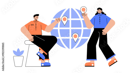 Two people planning global travel and business expansion with a globe