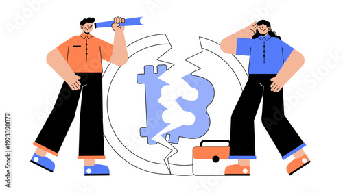 Business people looking through telescope at a broken bitcoin symbol