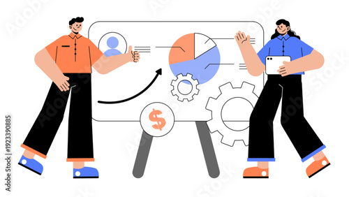 A team presenting data analysis with charts and gears on a whiteboard