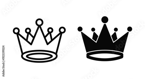 Minimalist black crown icons in outline and solid silhouette styles for royal branding and luxury logo design