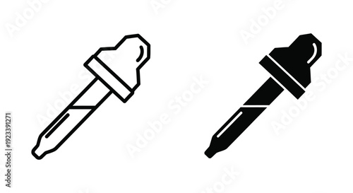 Set of minimalist pipette and eye dropper vector icons in outline and solid styles for medical, laboratory, skincare, and digital design applications.