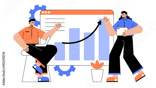 Collaborative team analyzing an upward growth chart on a large digital display