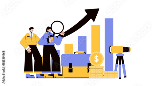 Two business people analyzing market growth using a magnifying glass and telescope to find new opportunities and success