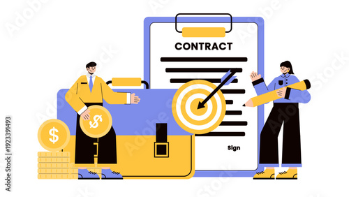 Partners reaching a mutual agreement with a signed contract document and target achievement for financial success