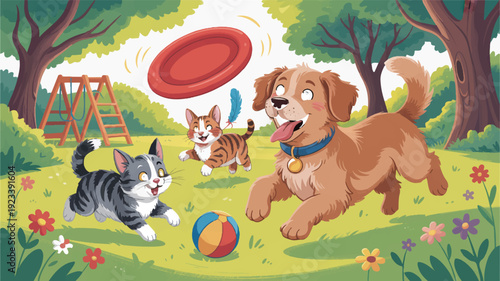 Playful dog and cat chasing frisbee in sunny park with ball and kitten